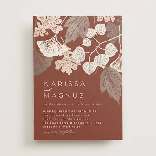This is a latte wedding invitations with standard by Alethea and Ruth called leaf cascade printing on signature in standard