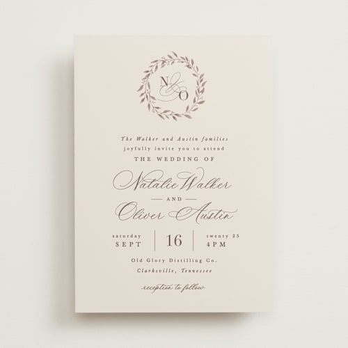 This is a ecru wedding invitations with standard by Hooray Creative called delicate monogram printing on signature in standard