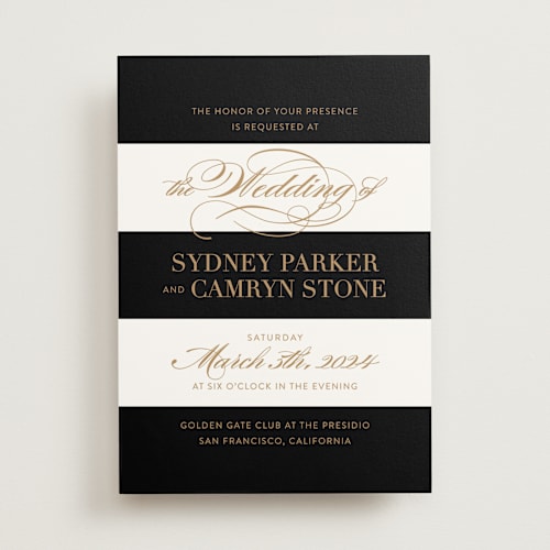 This is a black tie wedding invitations with standard by Jill Means called fashion district printing on signature in standard