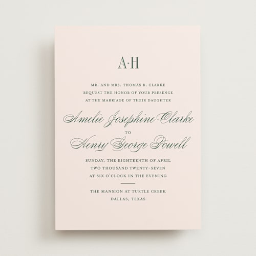 This is a rose wedding invitations with standard by Megan Davis called hepburn printing on signature in standard