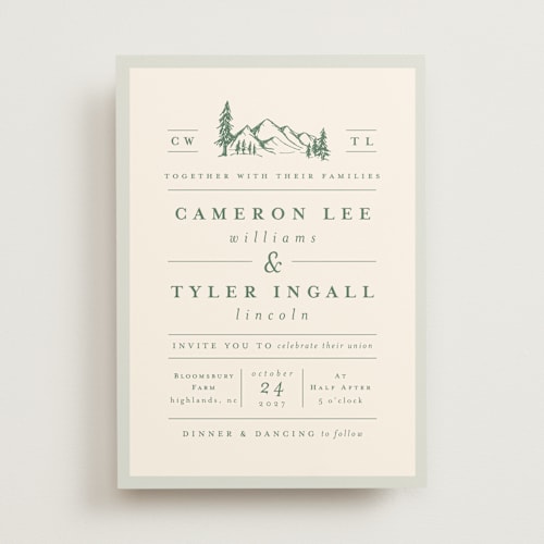 This is a pine wedding invitations with standard by Amy Kross called blue ridge printing on signature in standard