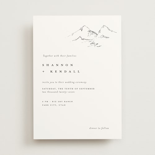This is a snow wedding invitations with standard by Mere Paper called sketched mountains printing on signature in standard