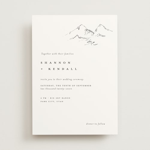 This is a snow wedding invitations with standard by Mere Paper called sketched mountains printing on signature in standard