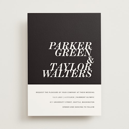 This is a noir wedding invitations with standard by Drango Design called slanted printing on signature in standard