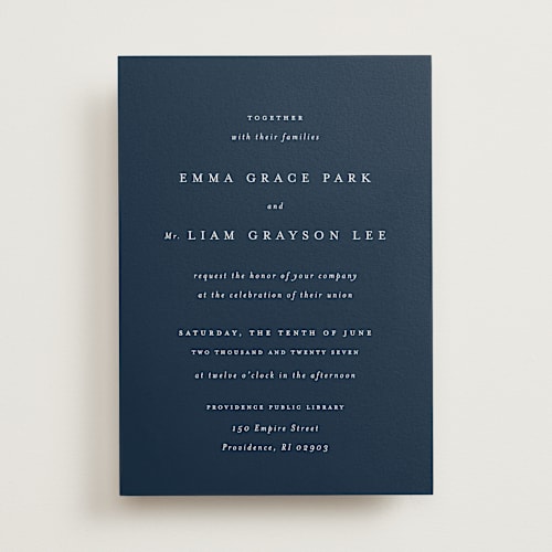 This is a navy wedding invitations with standard by Design Lotus called a thousand years printing on signature in standard