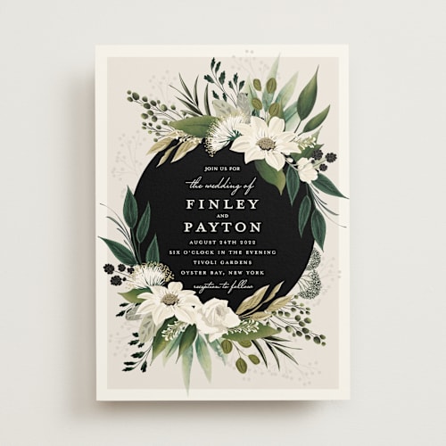 This is a ivory wedding invitations with standard by Susan Moyal called botanical ring printing on signature in standard