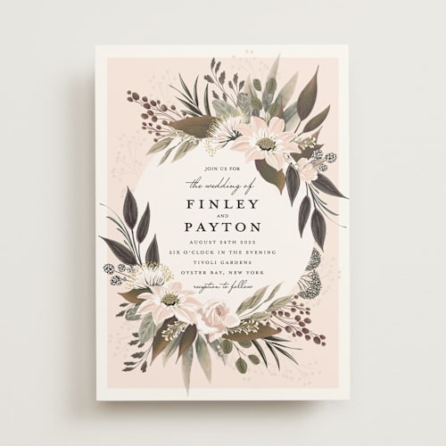 This is a blush wedding invitations with standard by Susan Moyal called botanical ring printing on signature in standard