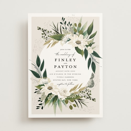 This is a powder wedding invitations with standard by Susan Moyal called botanical ring printing on signature in standard
