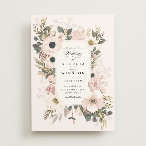 This is a blush wedding invitations with standard by Susan Moyal called spring botanicals printing on signature in standard
