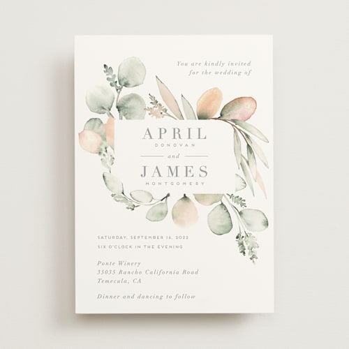 This is a sage wedding invitations with standard by Petra Kern called romantic eucalyptus printing on signature in standard
