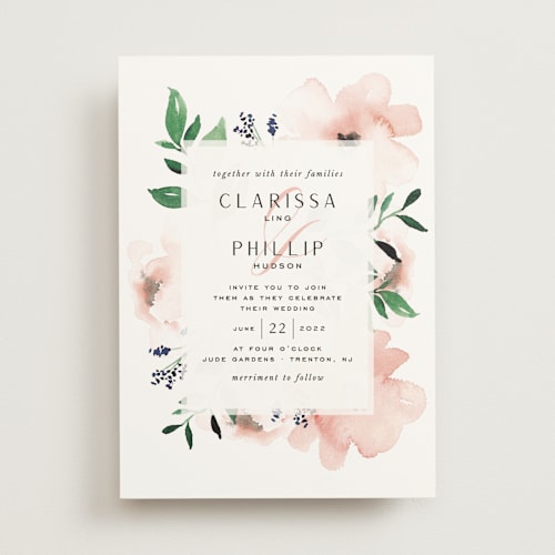 This is a coral wash wedding invitations with standard by Leah Bisch called soft florals printing on signature in standard