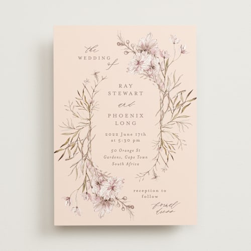 This is a blush wedding invitations with standard by Phrosné Barwood called ring box printing on signature in standard