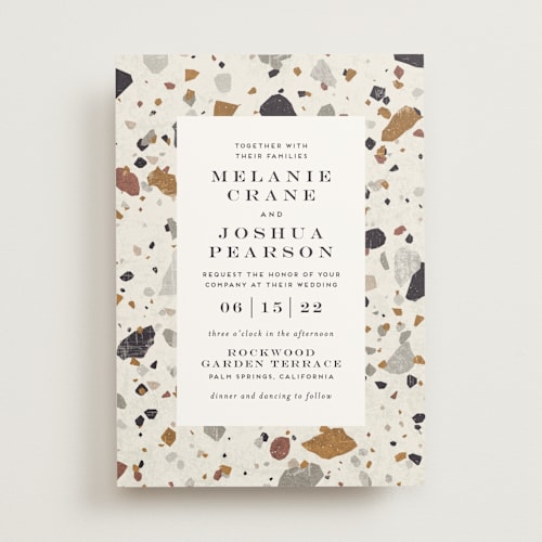 This is a mustard wedding invitations with standard by Amy Payne called terrazzo frame printing on signature in standard