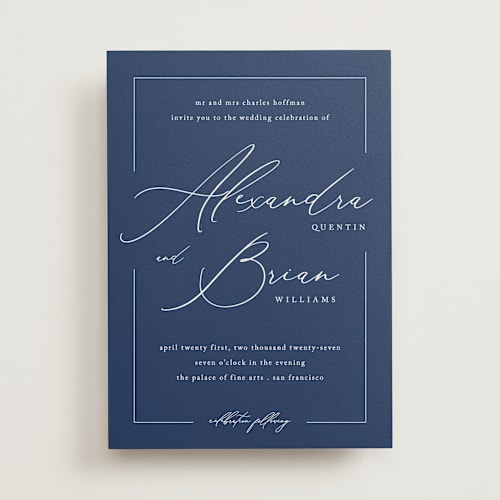 This is a midnight wedding invitations with standard by Liz Conley called love story printing on signature in standard