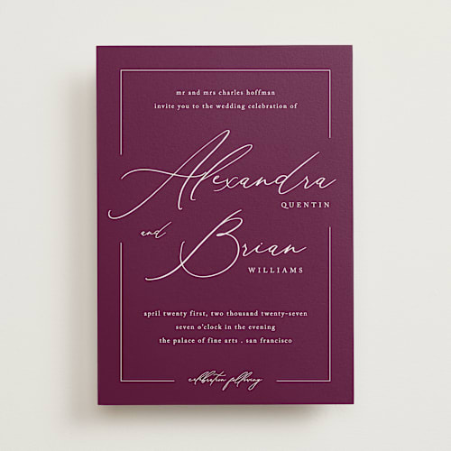 This is a wine wedding invitations with standard by Liz Conley called love story printing on signature in standard