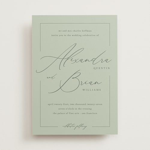This is a sage wedding invitations with standard by Liz Conley called love story printing on signature in standard