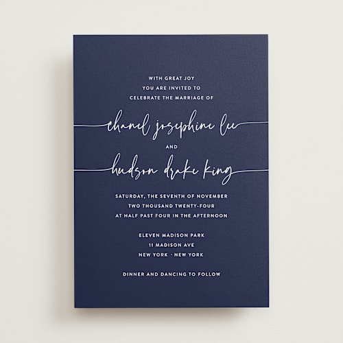 This is a midnight blue wedding invitations with standard by Design Lotus called madison ave printing on signature in standard