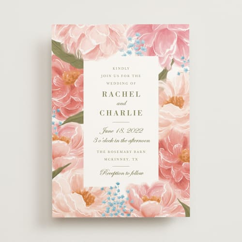 This is a peony wedding invitations with standard by Inna Moreva called peony gardens printing on signature in standard