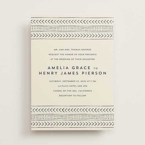 This is a cream wedding invitations with standard by Erin Deegan called mudcloth wedding printing on signature in standard