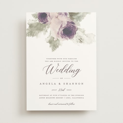 This is a lavender wedding invitations with standard by Cass Imagines called rose drop printing on signature in standard