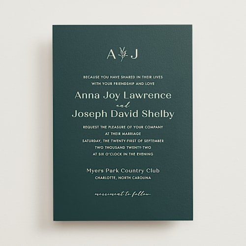 This is a pine wedding invitations with standard by Sarah Brown called snippet printing on signature in standard