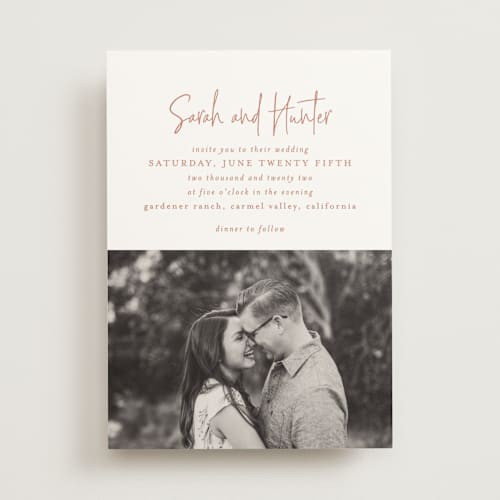 This is a coral wedding invitations with standard by Mansi Verma called eloquent printing on signature in standard