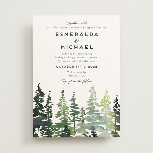 This is a forest wedding invitations with standard by Yao Cheng Design called evergreens watercolor printing on signature in standard
