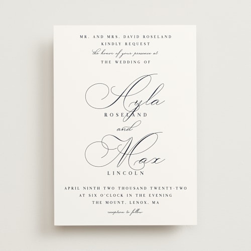 This is a navy wedding invitations with standard by Keen Peachy called sweet nothings printing on signature in standard