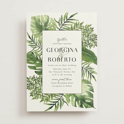 This is a jade wedding invitations with standard by Chris Griffith called tropical vows printing on signature in standard