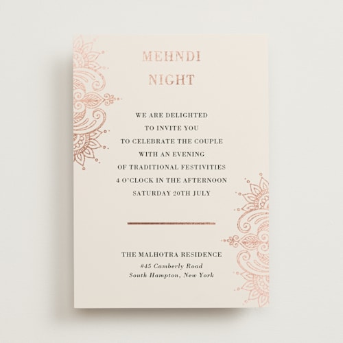 This is a champagne rose foil stamped wedding invitations with foil pressed by Oma N. Ramkhelawan called regal mehndi printing on signature in standard