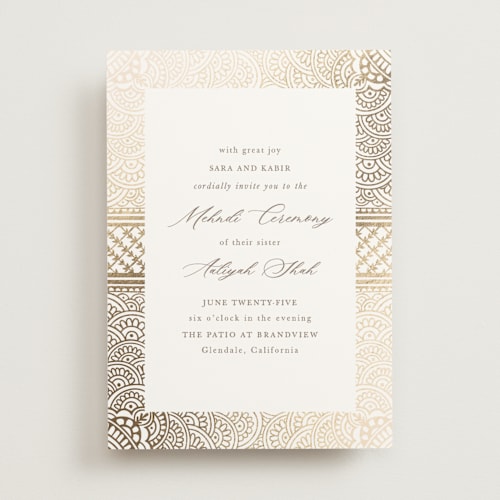 This is a lily foil stamped wedding invitations with foil pressed by Mansi Verma called gilded henna printing on signature in standard