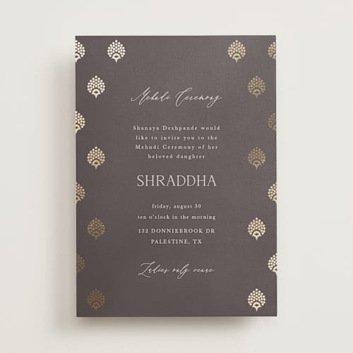 This is a celestial foil stamped wedding invitations with foil pressed by Deynaaz Daraei called shraddha printing on signature in standard