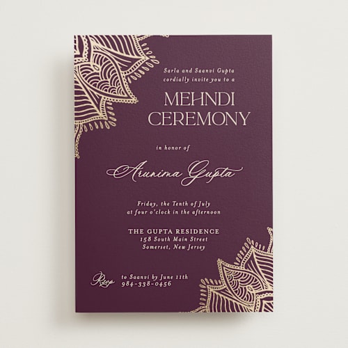 This is a plum foil stamped wedding invitations with foil pressed by Randi Cirelli called arunima printing on signature in standard