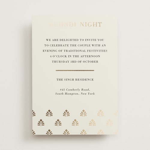 This is a champagne foil stamped wedding invitations with foil pressed by Oma N. Ramkhelawan called henna stamp printing on signature in standard