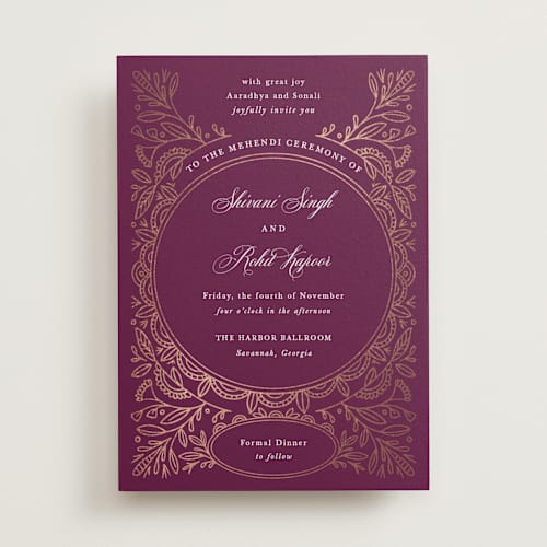 This is a amethyst foil stamped wedding invitations with foil pressed by Mansi Verma called zardozi printing on signature in standard