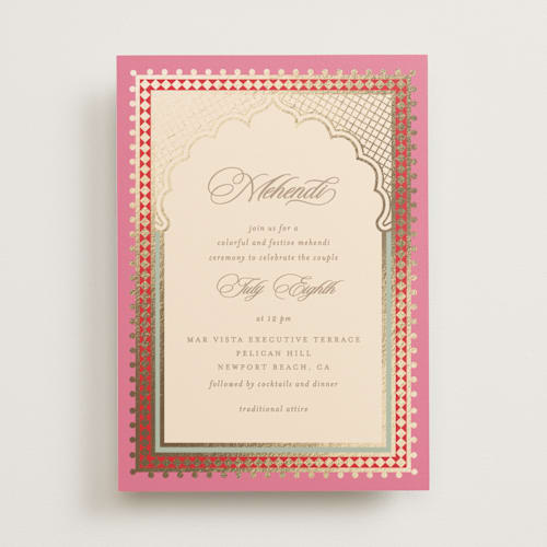 This is a carnation foil stamped wedding invitations with foil pressed by Creo Study called mandapam printing on signature in standard