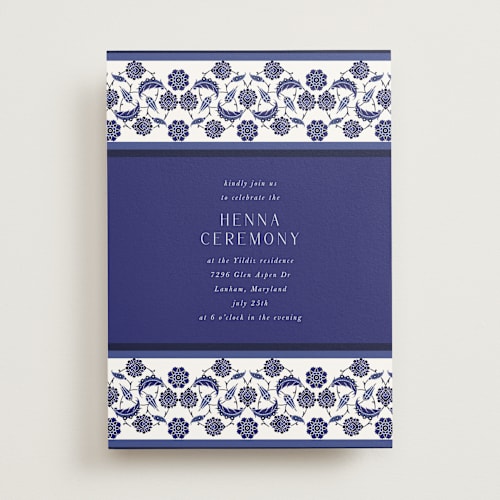 This is a cobalt wedding invitations with standard by Nazia Hyder called topkapi printing on signature in standard
