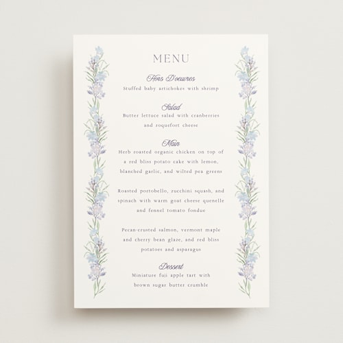 This is a toscana menu cards with standard by Claudia Orengo called hydrangea printing on signature in 5x7