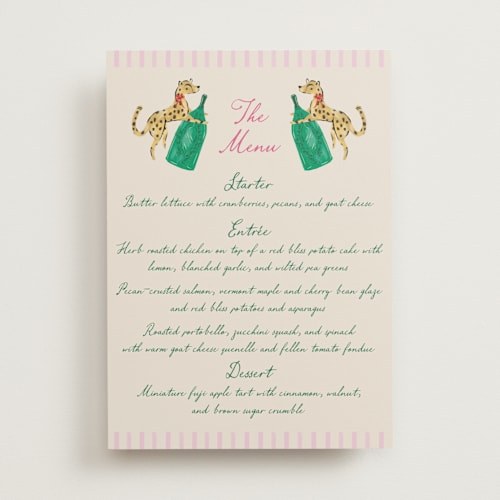 This is a peony menu cards with standard by Jackie Crawford called whimsical hand illustrated crest printing on signature in 5x7