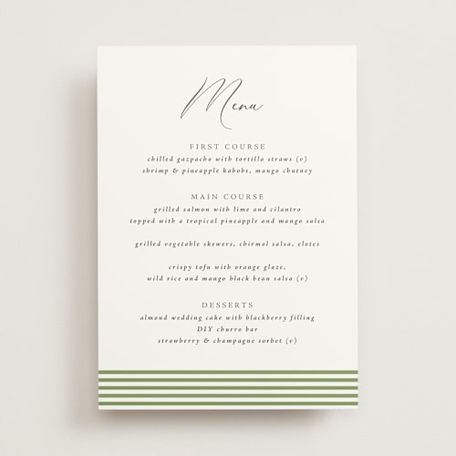 This is a leaf menu cards with standard by Olivia Raufman called palm monogram printing on signature in 5x7