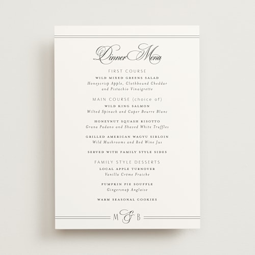 This is a tuxedo menu cards with standard by Nicoletta Savod called black tie elegance printing on signature in 5x7