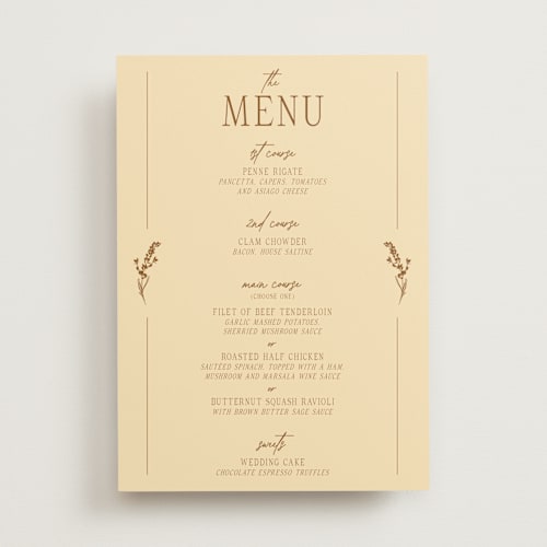 This is a bark menu cards with standard by Jen Ramsey called classic and floral printing on signature in 5x7
