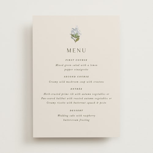 This is a almond menu cards with standard by Olivia Kanaley Inman called blockprint printing on signature in 5x7