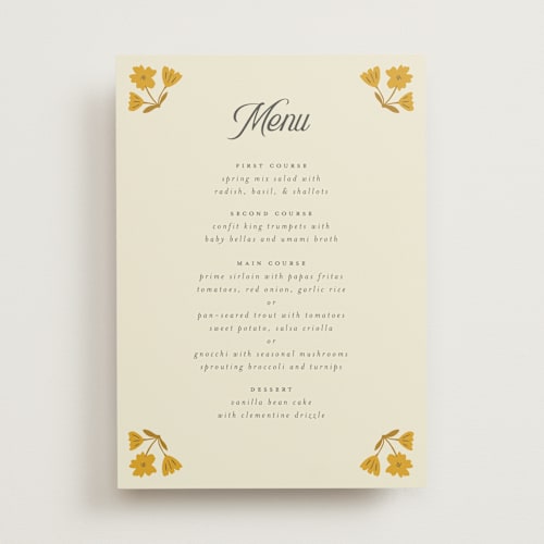 This is a yolk menu cards with standard by Morgan Kendall called vintage wildflowers printing on signature in 5x7