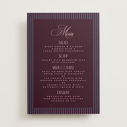 This is a plum menu cards with standard by Owl and Toad called sophisticate printing on signature in standard