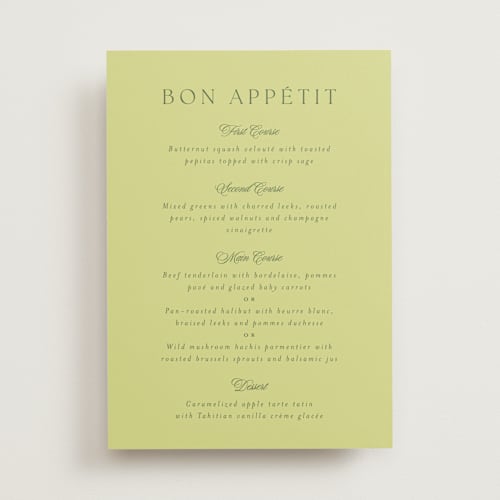 This is a chartreuse menu cards with standard by Everett Paper Goods called carlyle printing on signature in standard