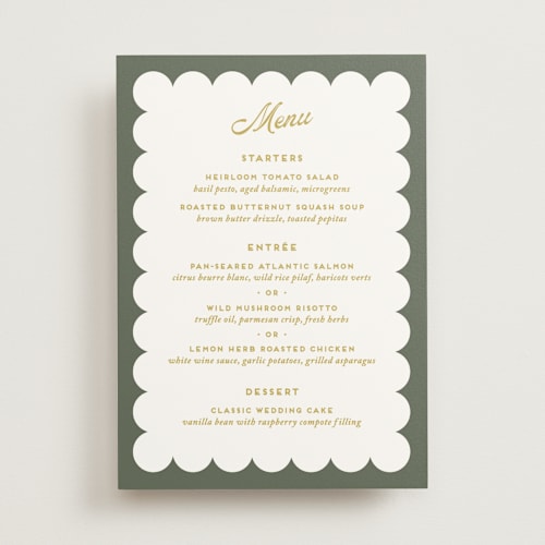 This is a garden menu cards with standard by Snow and Ivy called penumbra printing on signature in standard