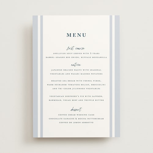 This is a powder blue menu cards with standard by chocomocacino called melihrolo printing on signature in 5x7