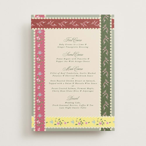 This is a english garden menu cards with standard by Phrosné Barwood called whimsey floral printing on signature in 5x7
