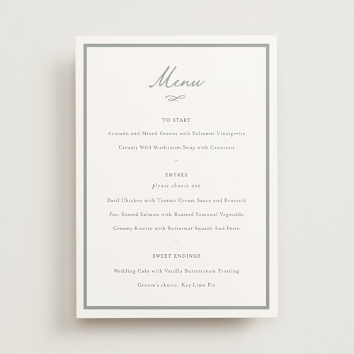 This is a sage menu cards with standard by Sara Hicks Malone called signature monogram printing on signature in 5x7